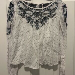 Free People White Blouse with Black Embroidery